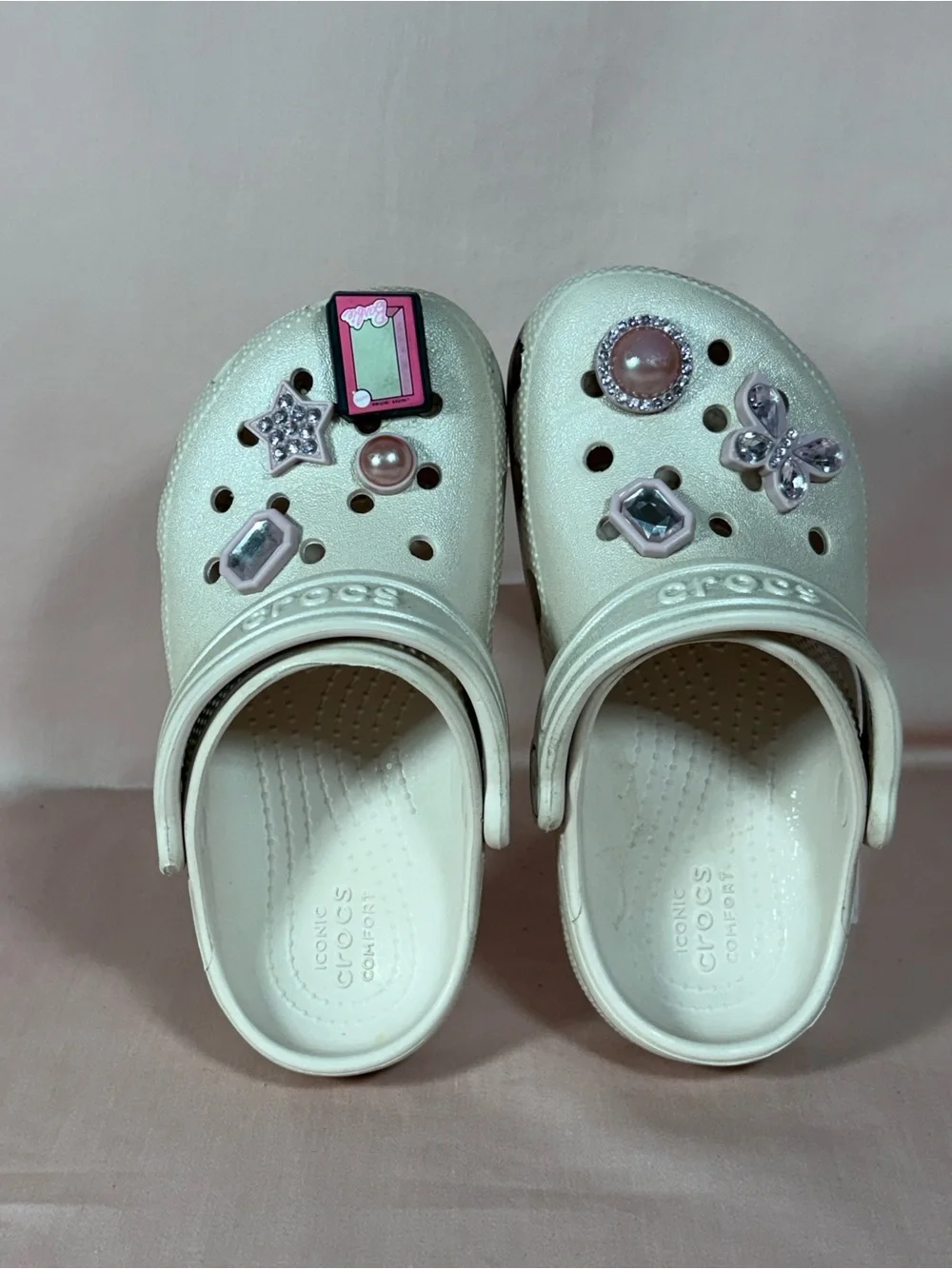 CROCS Kids Cream Color Iconic Comfort Clogs With, Jibbitz Size C11